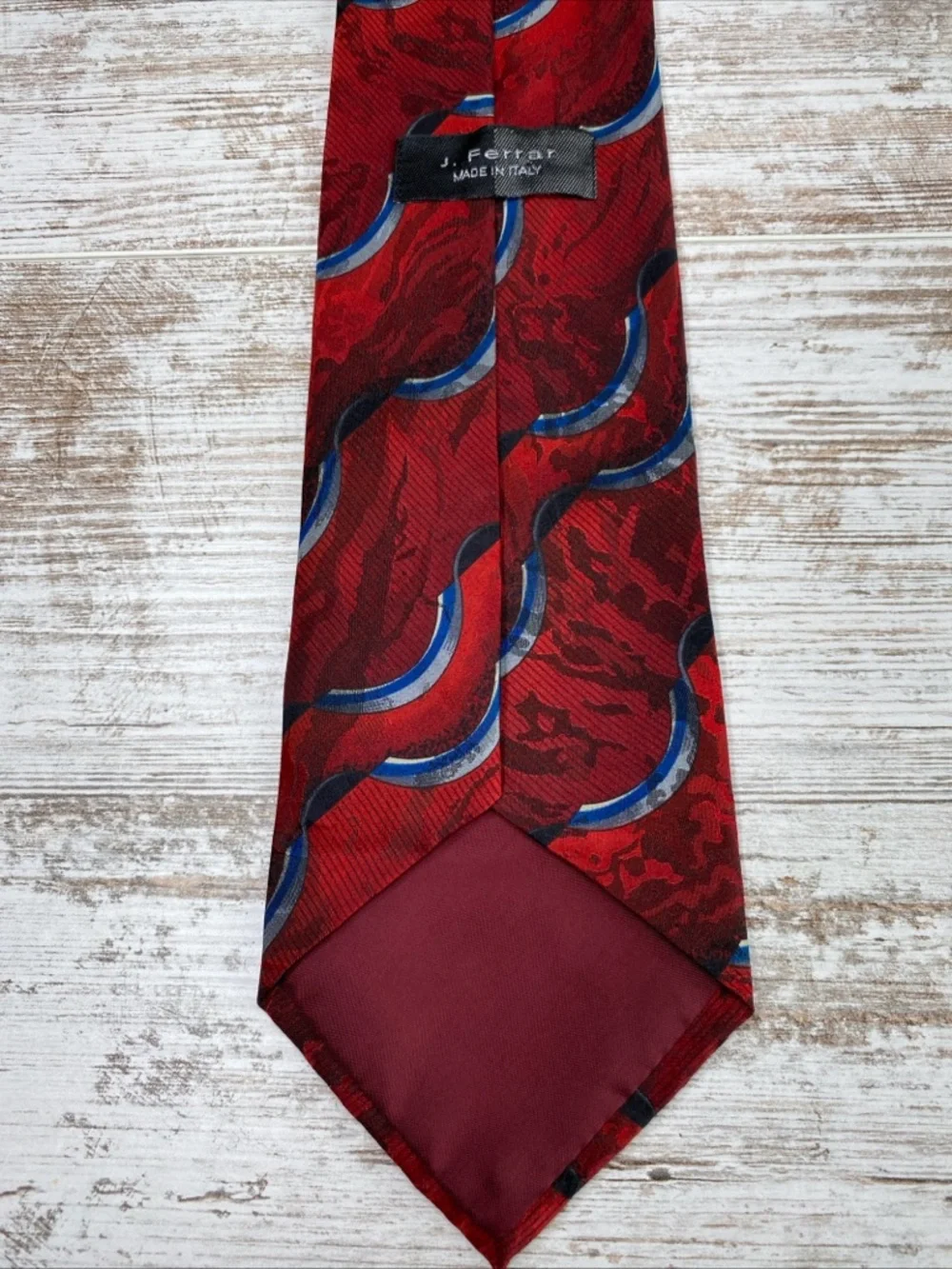 J. Ferrar Mens Tie Silk Red Blue Abstract Wide 4” Designer Necktie Italy